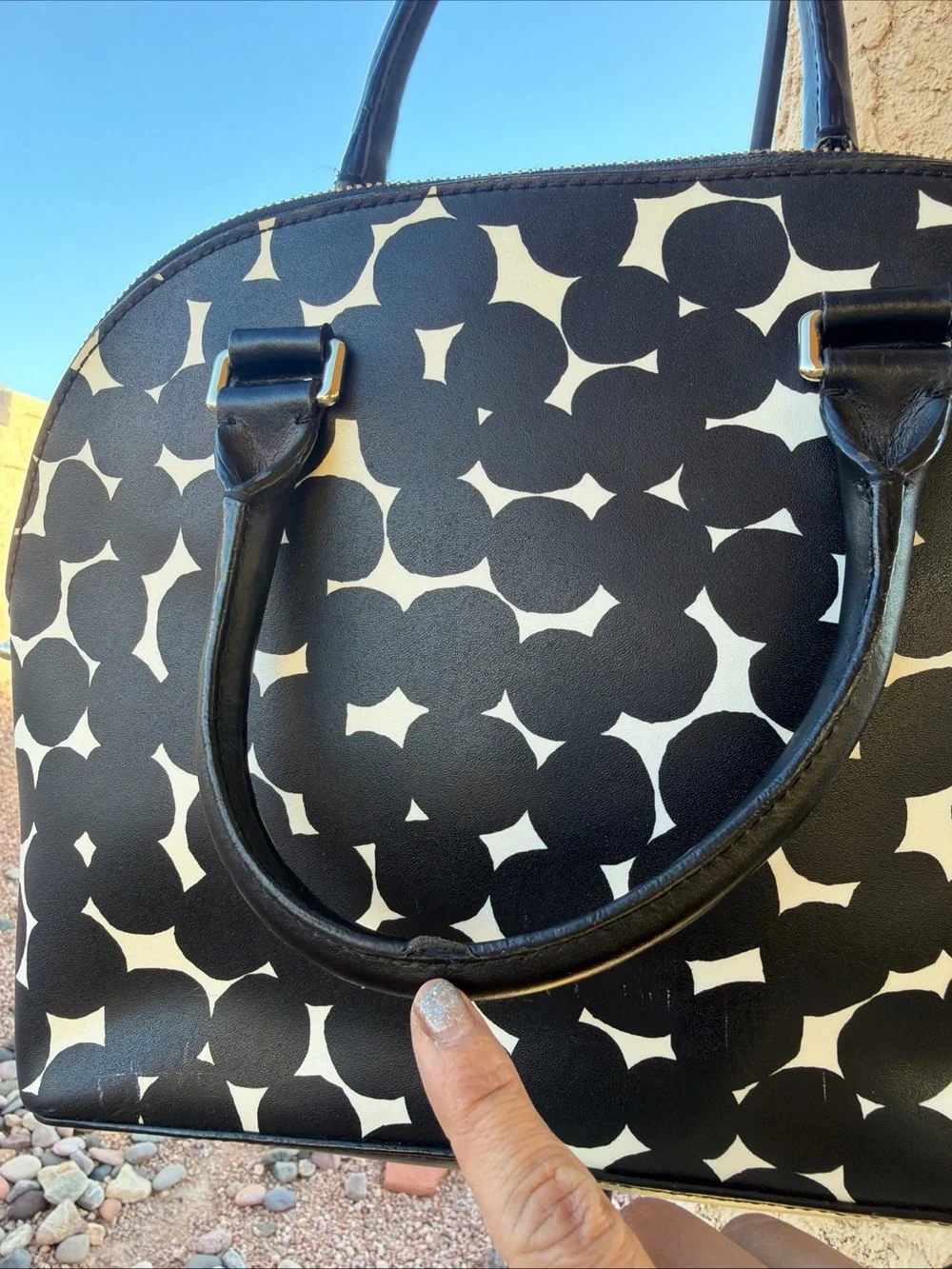 Kate Spade Black White Dot Print Dome Satchel Hand Bag M Medium